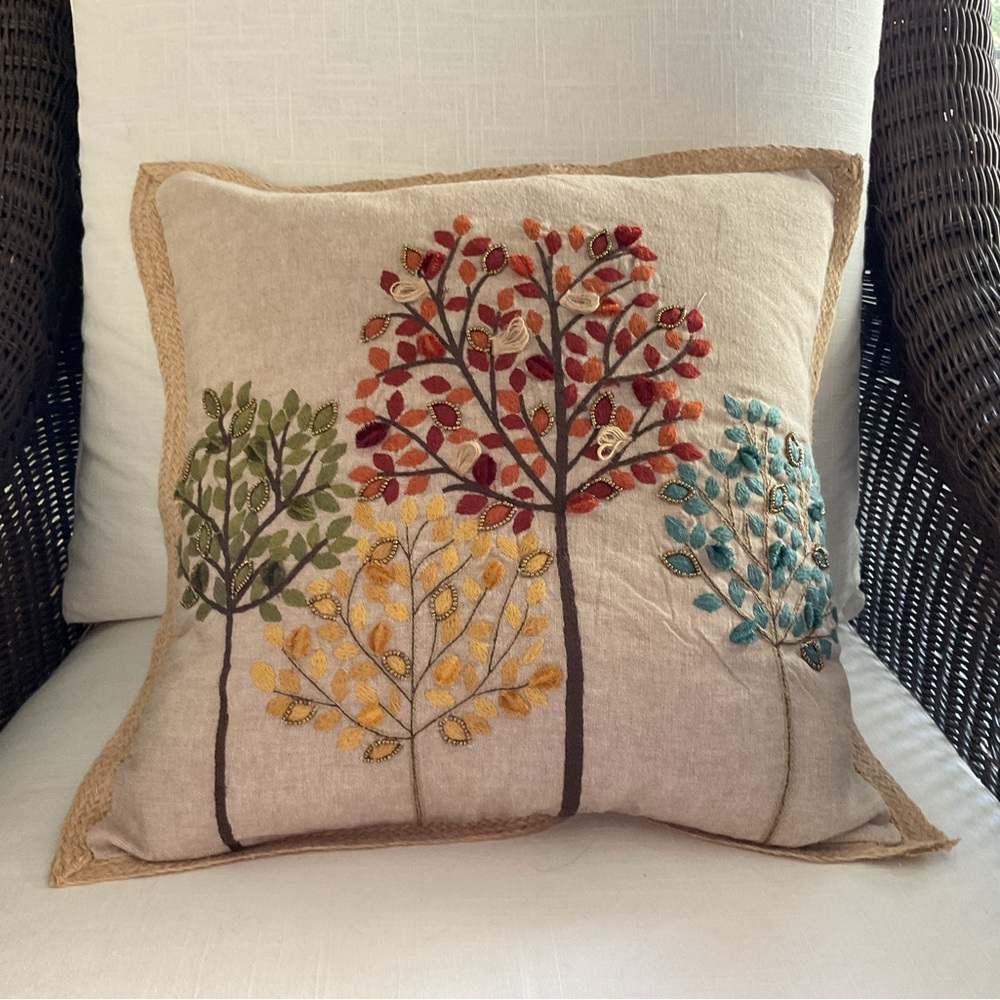 Pier 1 Embroidered Trees Pillow Cover Fall Colors